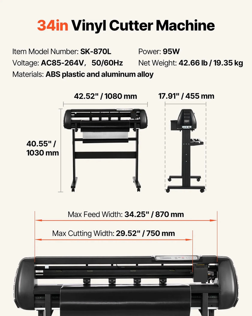 VEVOR Vinyl Cutter Machine, 34 inch Max Feed Width, Dual Blades, Adjustable Force and Speed, LED Display, Vinyl Plotter Cutter Printer Bundle with Sticker Sheets, Transfer Film, Signmaster Software