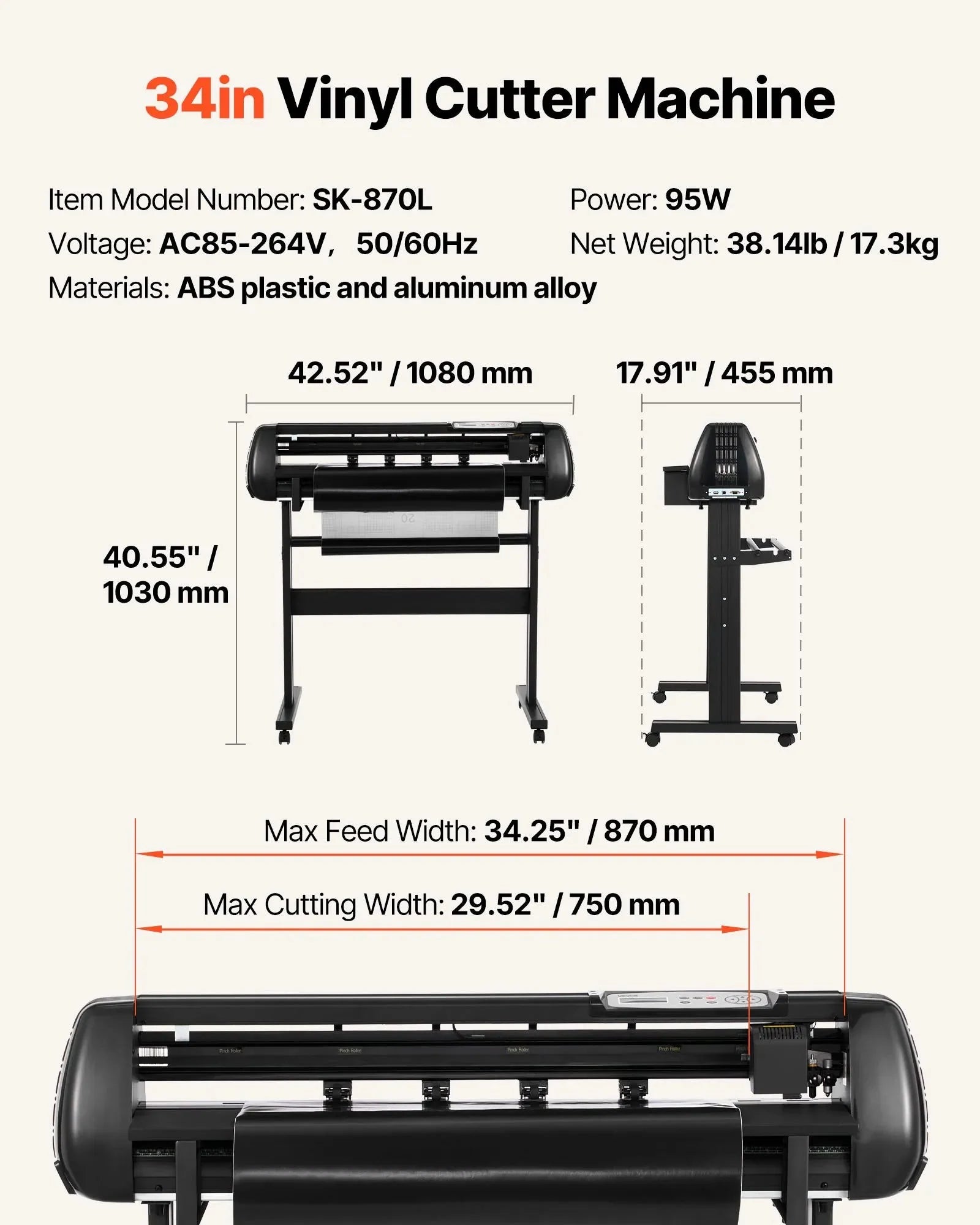 VEVOR Vinyl Cutter Machine, 34 inch Max Feed Width, Dual Blades, Adjustable Force and Speed, LED Display, Vinyl Plotter Cutter Printer with Signmaster Software for Compatible with Windows and macOS