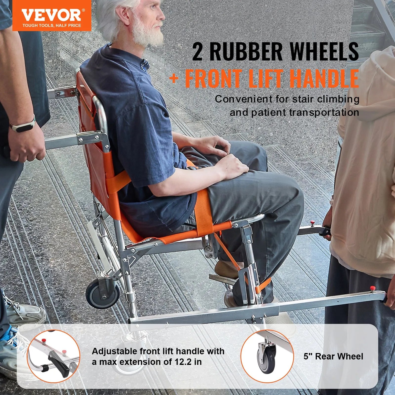 VEVOR EMS Stair Chair, 350 lbs Load Capacity, Foldable Aluminum Emergency Stair Climbing Wheelchair with 2 Wheels, Portable Stair Lift Chair Ambulance Firefighter Evacuation Use for Elderly, Disabled