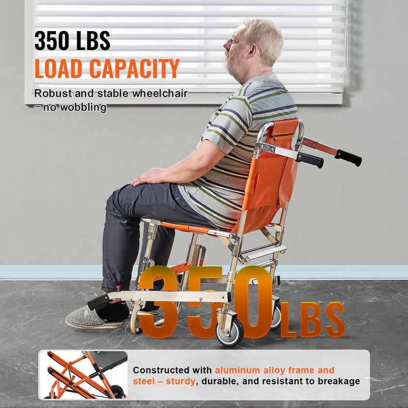 VEVOR EMS Stair Chair, 350 lbs Load Capacity, Foldable Aluminum Emergency Stair Climbing Wheelchair with 2 Wheels, Portable Stair Lift Chair Ambulance Firefighter Evacuation Use for Elderly, Disabled