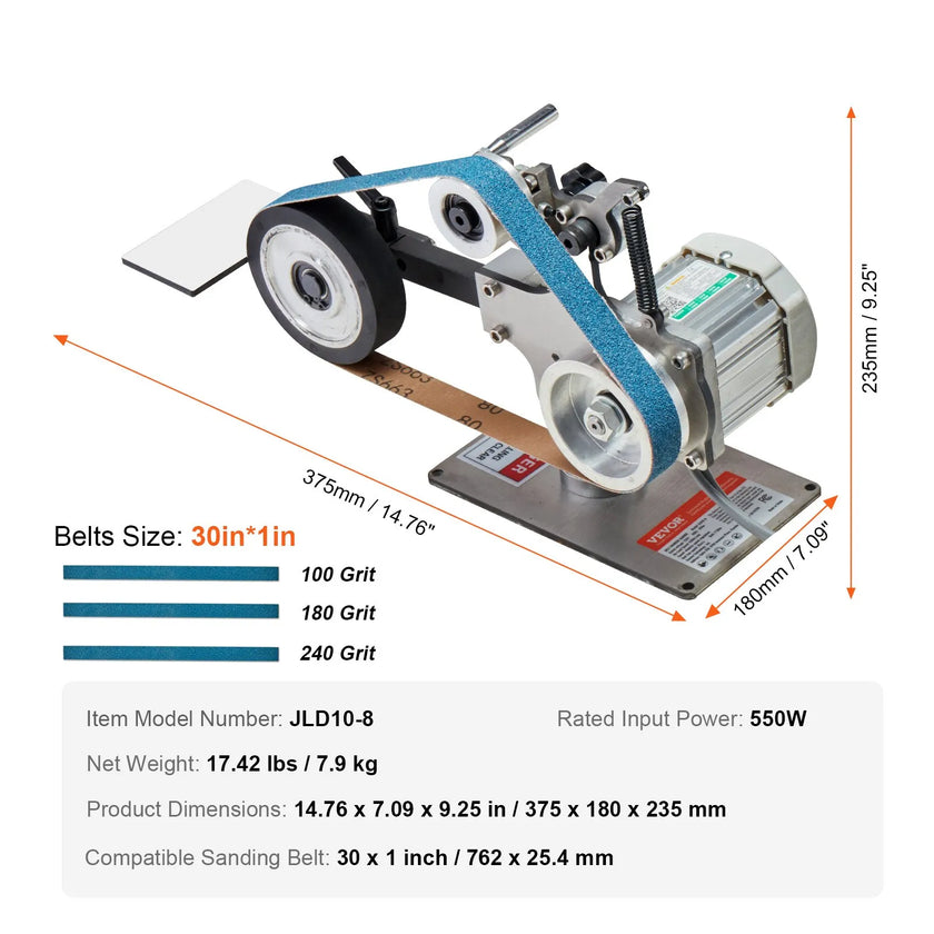 VEVOR Belt Grinder Sander, 30 x 1-Inch Variable Speed Belt Polisher with VFD, 550W Polishing Grinding Machine with 2 Grinding Moulds & 3PCS Sanding Belts for Metalworking, Knife Making