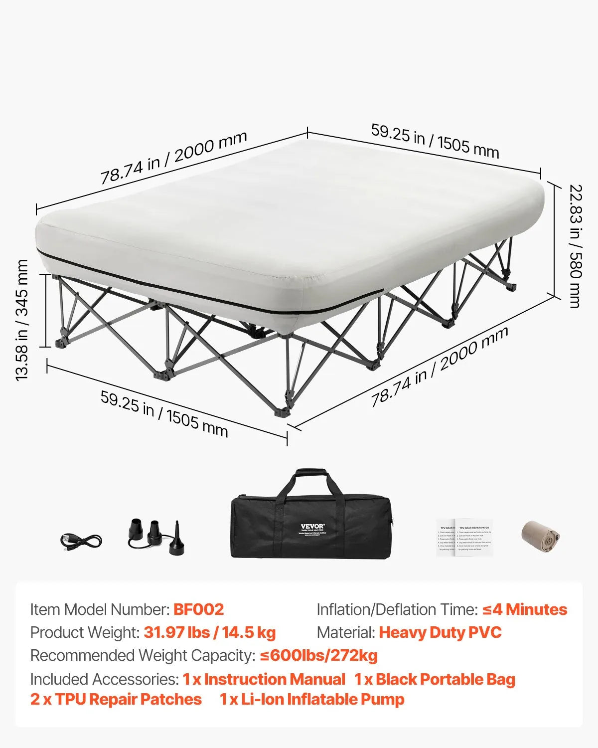 VEVOR Air Mattress with Frame & Pump 2 Person Blow Up Camping Mattress 600lbs