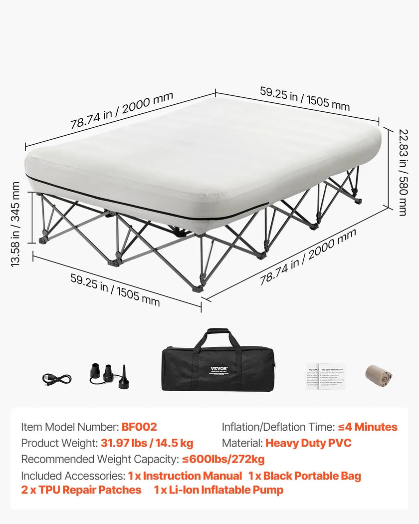 VEVOR Air Mattress with Frame & Pump 2 Person Blow Up Camping Mattress 600lbs