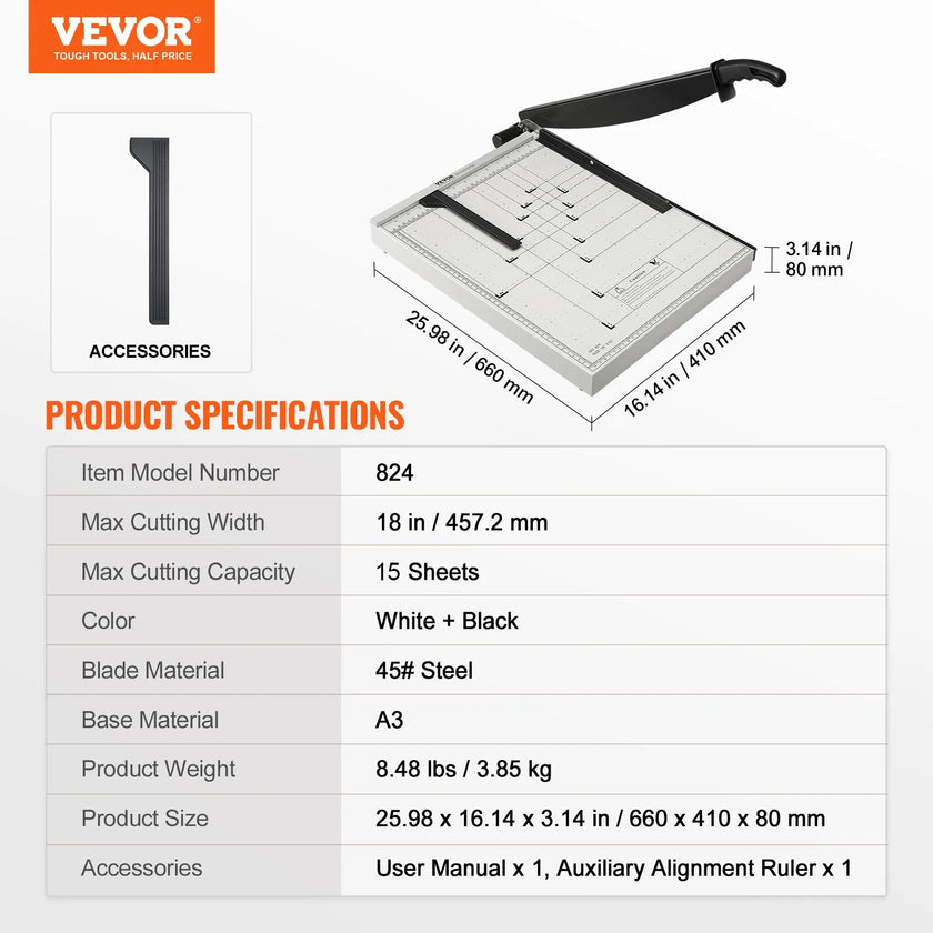 VEVOR Paper Cutter, Guillotine Trimmer, 18