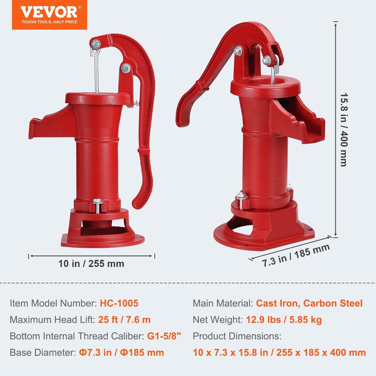 VEVOR Antique Well Hand Pitcher Pump, 25 ft Maximum Lift, Cast Iron Manual Hand Water Pump with Ergonomic Handle G1-5/8