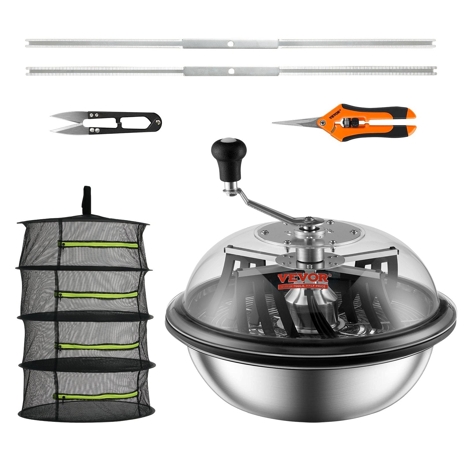 VEVOR Leaf Bowl Trimmer, 16'' Trimmer Bowl, Manual Bud Trimmer with Stainless-Steel Blades for Twisted Spin Cut, Clear Visibility Dome, Foldable Herb Drying Rack and Hand Pruner Included