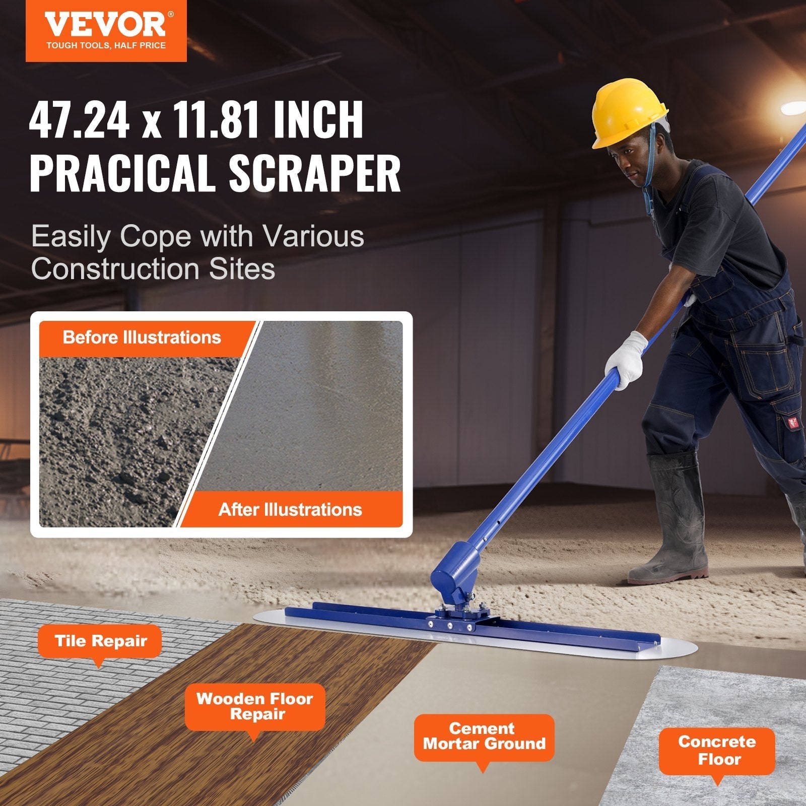 VEVOR Bull Float Manganese Steel Concrete Float 47x11.8 in Concrete Float Tool Cement Tool Bull Concrete Kit Bull Pool Float Bull Float Handle Bull Float Bracket Concrete Tool Finishing Bull Float