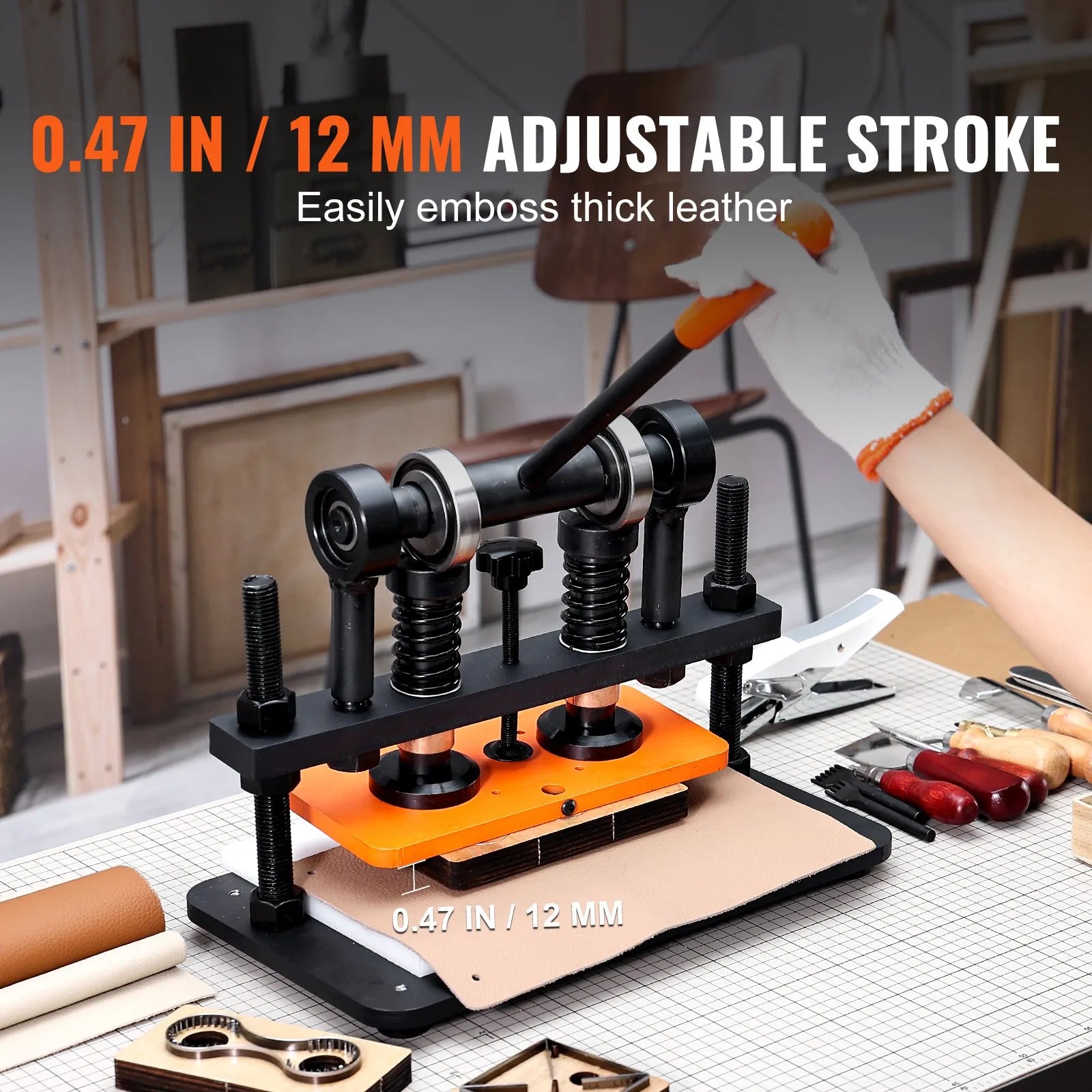 VEVOR Leather Cutting Machine, 10.2 x 4.7 in Embossing Plate Manual Die Cutter, 0.47 in Pressure Stroke Leather Embossing Machine, Dual Guide Shafts Die Cut Machine for Various of Materials