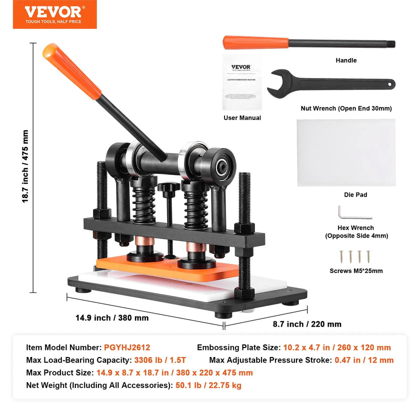 VEVOR Leather Cutting Machine, 10.2 x 4.7 in Embossing Plate Manual Die Cutter, 0.47 in Pressure Stroke Leather Embossing Machine, Dual Guide Shafts Die Cut Machine for Various of Materials
