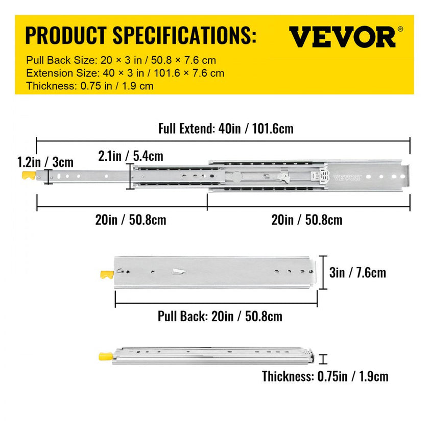 VEVOR Drawer Slides with Lock, 1 Pair 20 inch, Heavy-Duty Industrial Steel up to 500 lbs Capacity, 3-Fold Full Extension, Ball Bearing Lock-in & Lock-Out, Side Mount