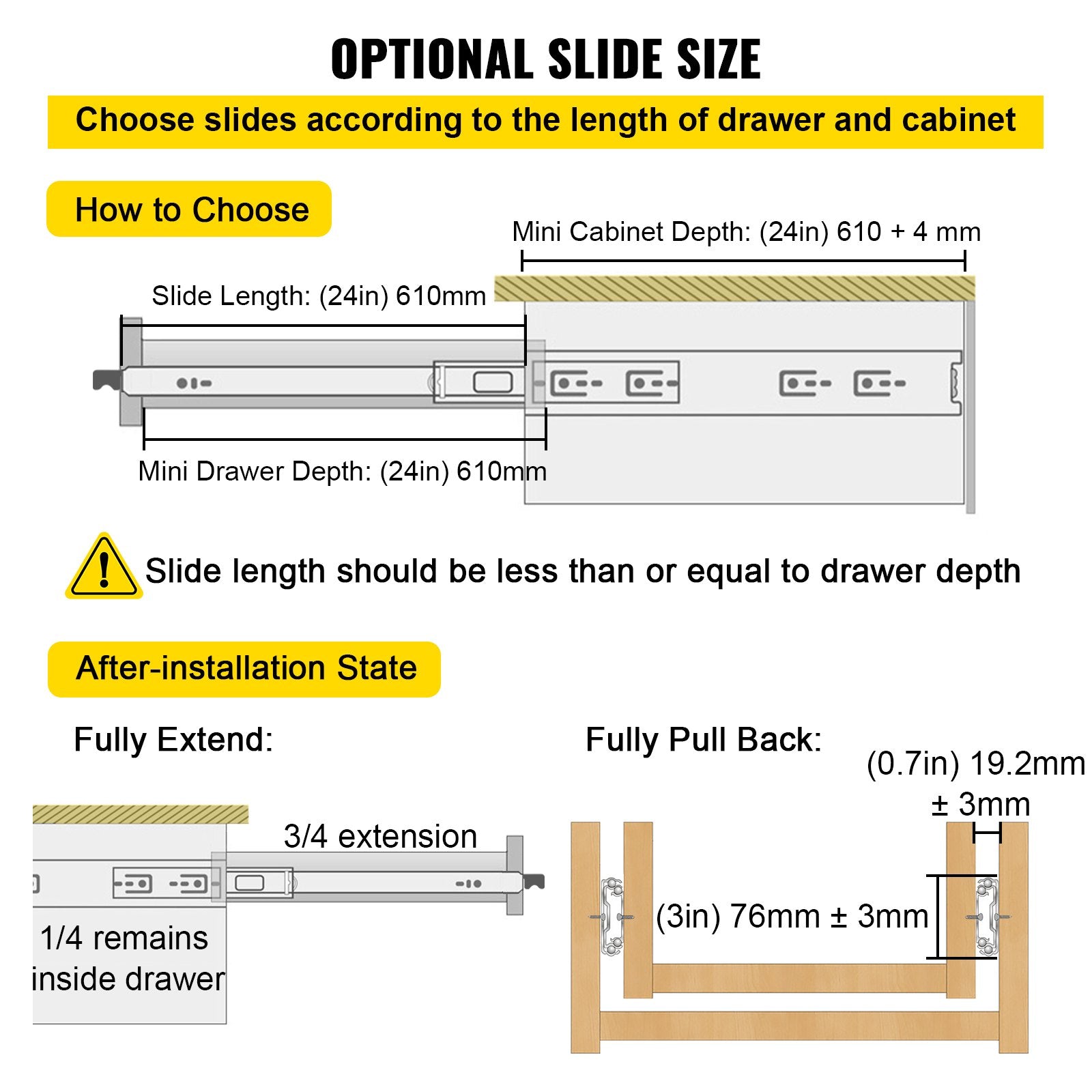 VEVOR Drawer Slides with Lock, 1 Pair 24 inch, Heavy-Duty Industrial Steel up to 500 lbs Capacity, 3-Fold Full Extension, Ball Bearing Lock-in & Lock-Out, Side Mount
