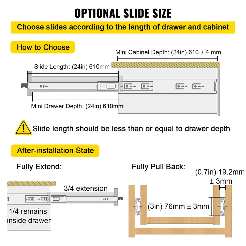 VEVOR Drawer Slides with Lock, 1 Pair 24 inch, Heavy-Duty Industrial Steel up to 500 lbs Capacity, 3-Fold Full Extension, Ball Bearing Lock-in & Lock-Out, Side Mount