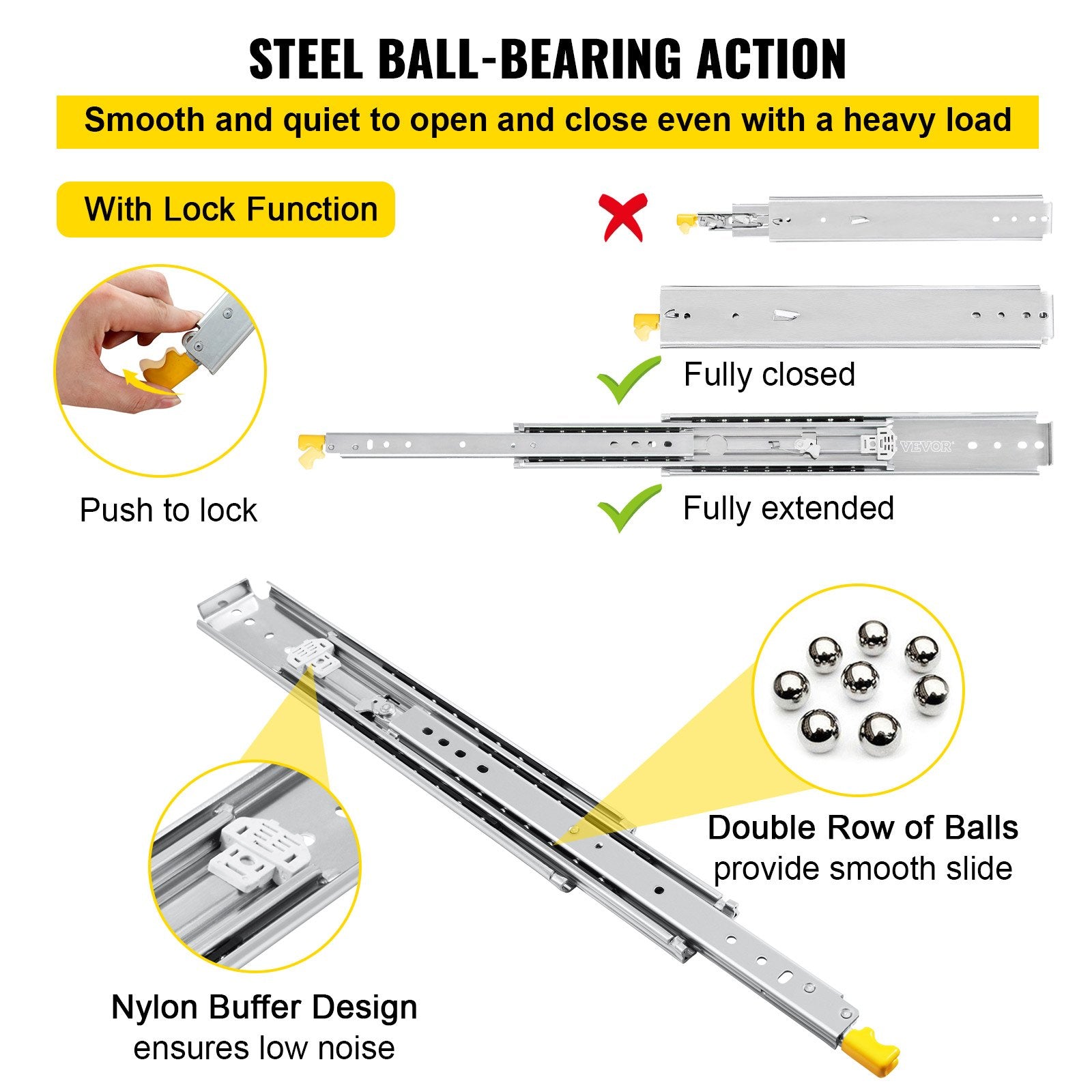 VEVOR Drawer Slides with Lock, 1 Pair 34 inch, Heavy-duty Industrial Steel up to 500 lbs Capacity, 3-Fold Full Extension, Ball Bearing Lock-in & Lock-Out, Side Mount