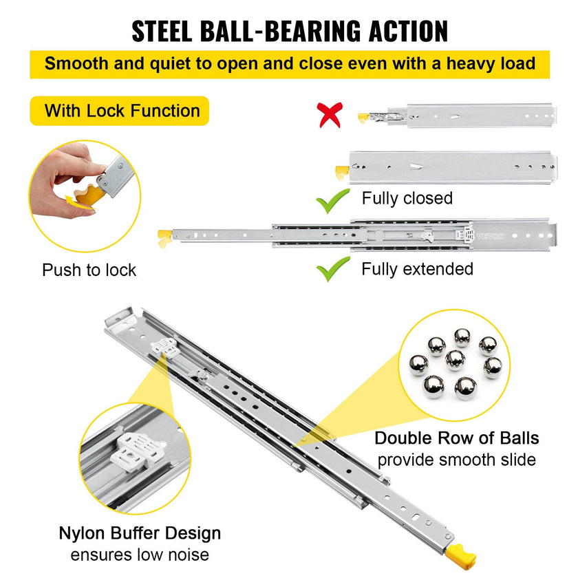 VEVOR Drawer Slides with Lock, 1 Pair 34 inch, Heavy-duty Industrial Steel up to 500 lbs Capacity, 3-Fold Full Extension, Ball Bearing Lock-in & Lock-Out, Side Mount