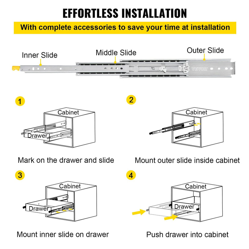 VEVOR Drawer Slides with Lock, 1 Pair 34 inch, Heavy-duty Industrial Steel up to 500 lbs Capacity, 3-Fold Full Extension, Ball Bearing Lock-in & Lock-Out, Side Mount