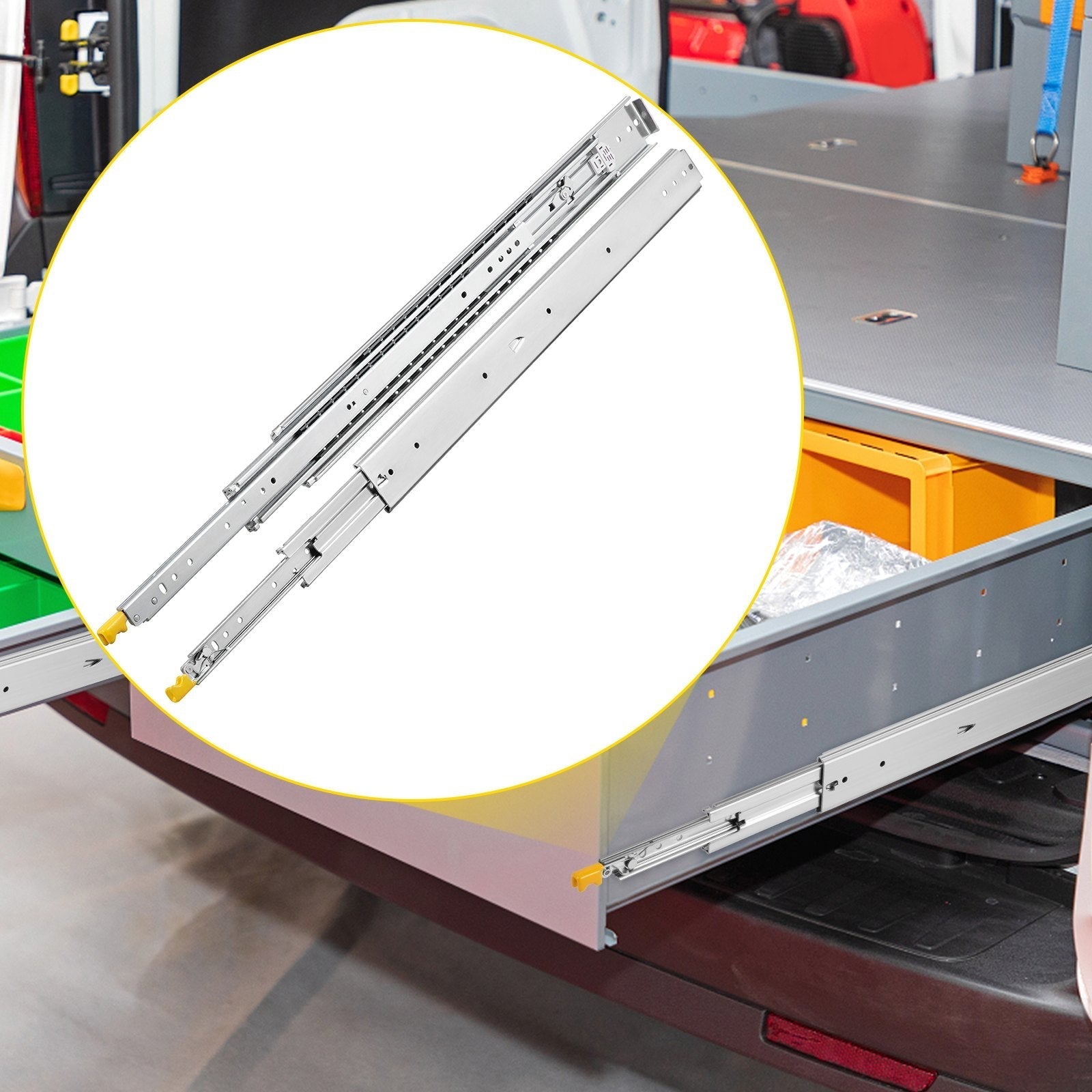 VEVOR Drawer Slides with Lock, 1 Pair 34 inch, Heavy-duty Industrial Steel up to 500 lbs Capacity, 3-Fold Full Extension, Ball Bearing Lock-in & Lock-Out, Side Mount