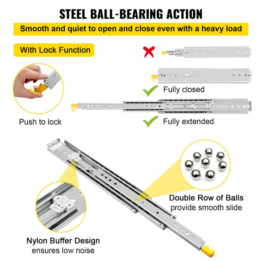 VEVOR Drawer Slides with Lock, 1 Pair 36 inch, Heavy-Duty Industrial Steel up to 500 lbs Capacity, 3-Fold Full Extension, Ball Bearing Lock-in & Lock-Out, Side Mount