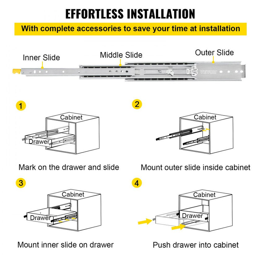 VEVOR Drawer Slides with Lock, 1 Pair 36 inch, Heavy-Duty Industrial Steel up to 500 lbs Capacity, 3-Fold Full Extension, Ball Bearing Lock-in & Lock-Out, Side Mount