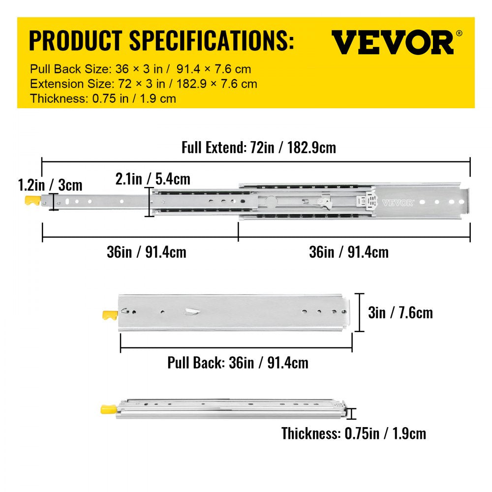 VEVOR Drawer Slides with Lock, 1 Pair 36 inch, Heavy-Duty Industrial Steel up to 500 lbs Capacity, 3-Fold Full Extension, Ball Bearing Lock-in & Lock-Out, Side Mount