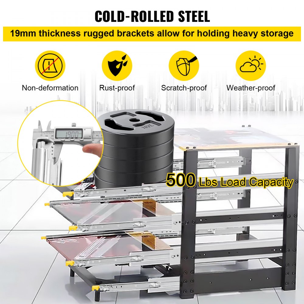 VEVOR Drawer Slides with Lock, 1 Pair 52 inch, Heavy-duty Industrial Steel up to 500 lbs Capacity, 3-Fold Full Extension, Ball Bearing Lock-in & Lock-Out, Side Mount