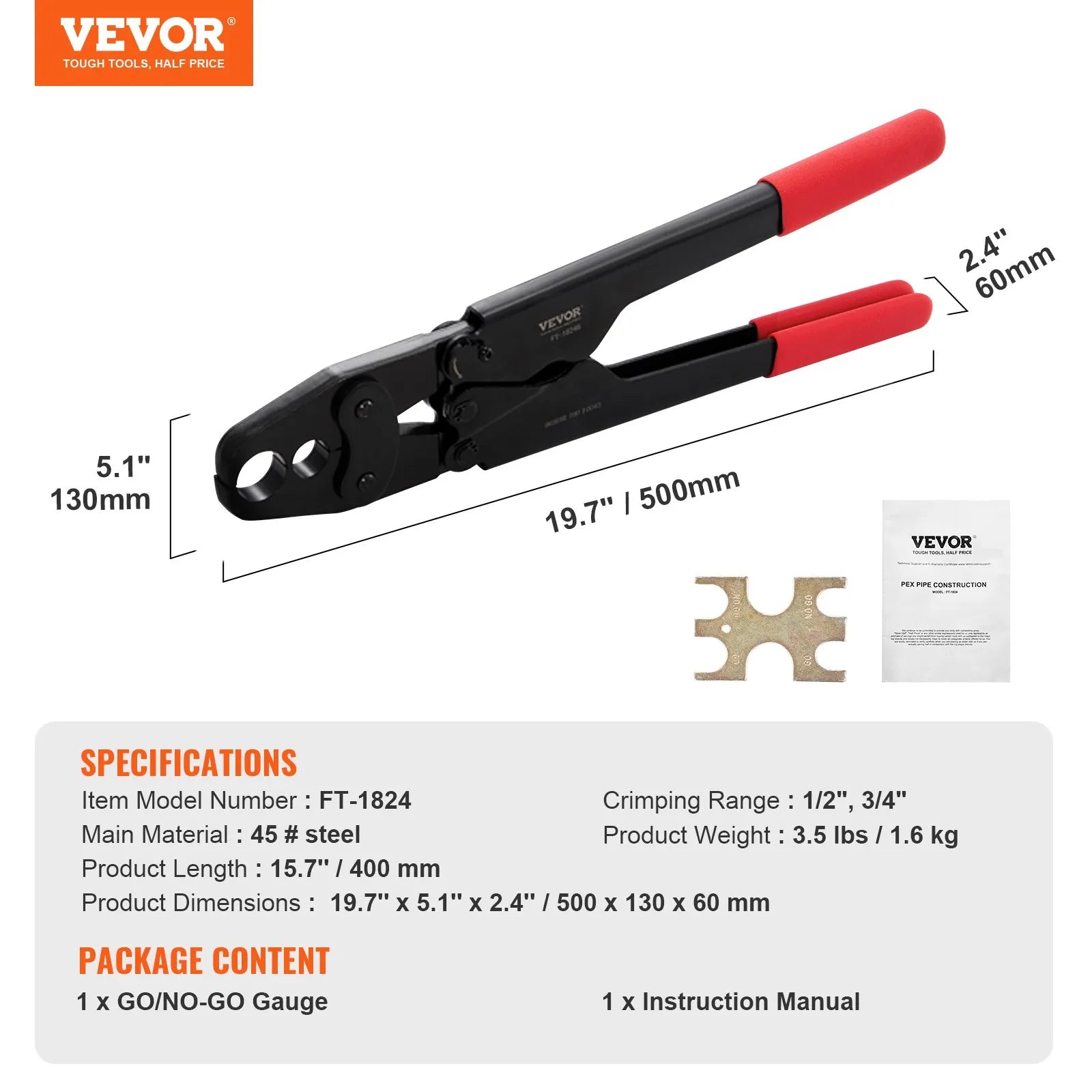 VEVOR PEX Crimping Tool, Dual Head Combo PEX Crimper Tool for 1/2