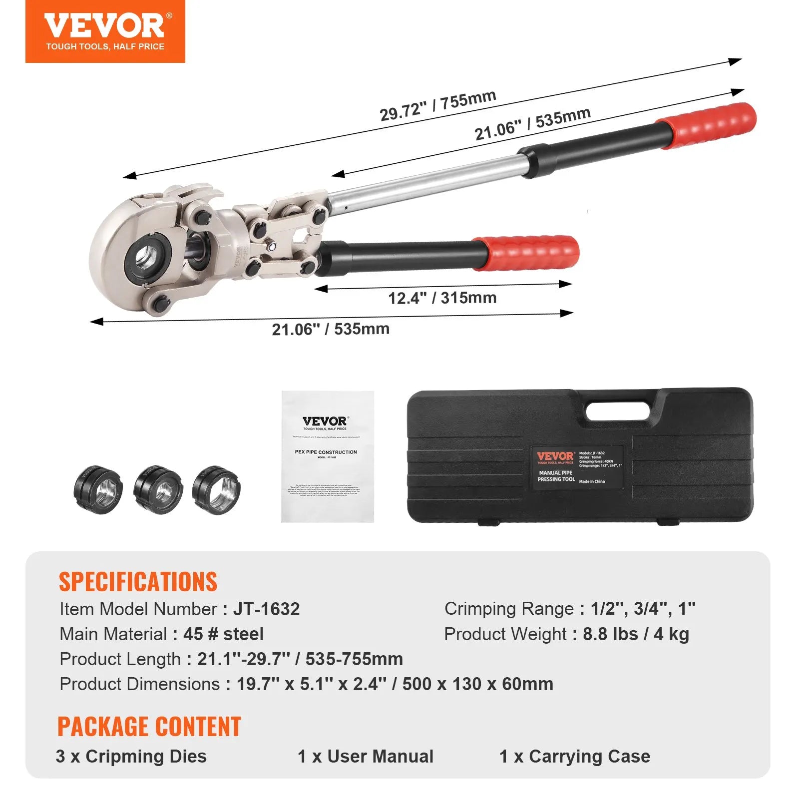 VEVOR Copper Press Tool Tube Fittings Crimping Kit, Pro Press Crimper with 1/2