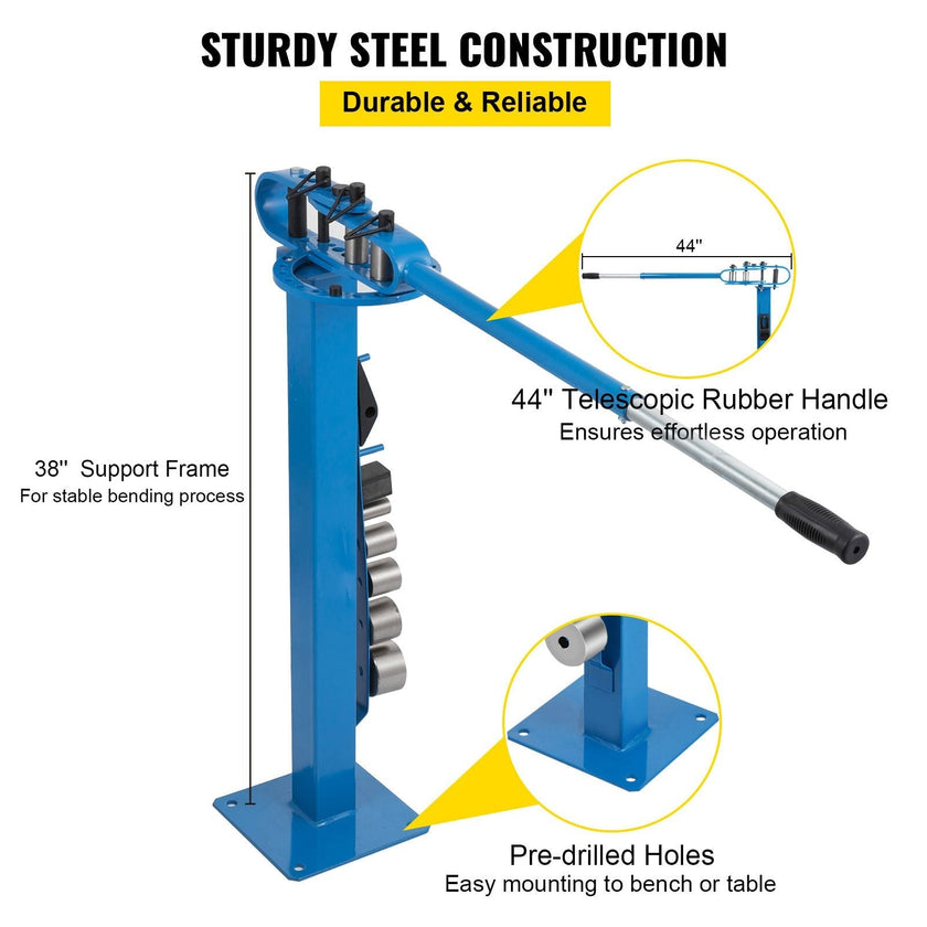 VEVOR YP 38 Pedestal Floor Compact Bender 7 Dies Versatile Compact Metal Tubing Bender 44' Mount Powdercoat Telescoping Handle Maximum 5/8