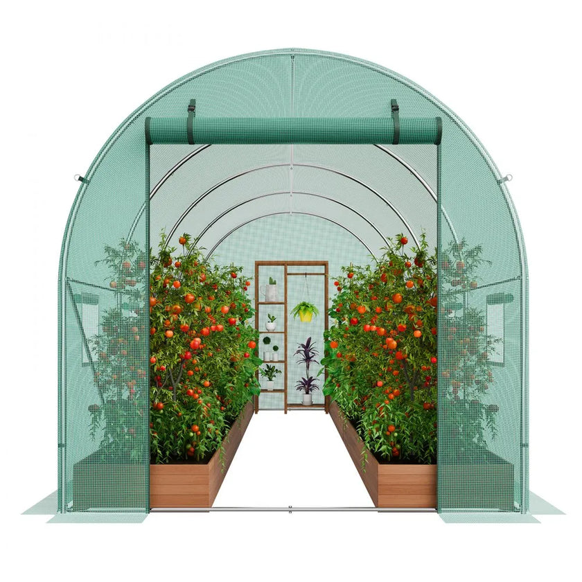 VEVOR Walk-in Tunnel Greenhouse 14.6x6.36x6.3ft Galvanized Frame PE Cover Green