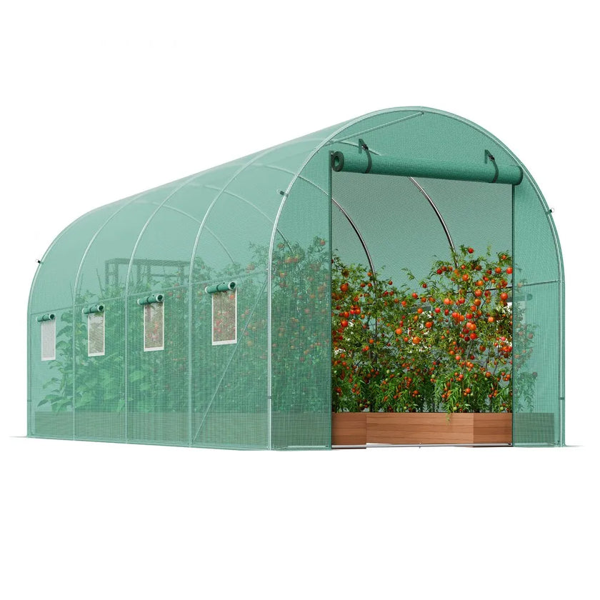 VEVOR Walk-in Tunnel Greenhouse 14.6x6.36x6.3ft Galvanized Frame PE Cover Green