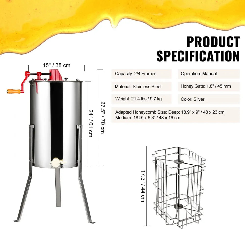 VEVOR Manual Honey Extractor, 2/4 Frames Honey Spinner Extractor, Stainless Steel Beekeeping Extraction, Honeycomb Drum Spinner with Lid, Apiary Centrifuge Equipment with Height Adjustable Stand