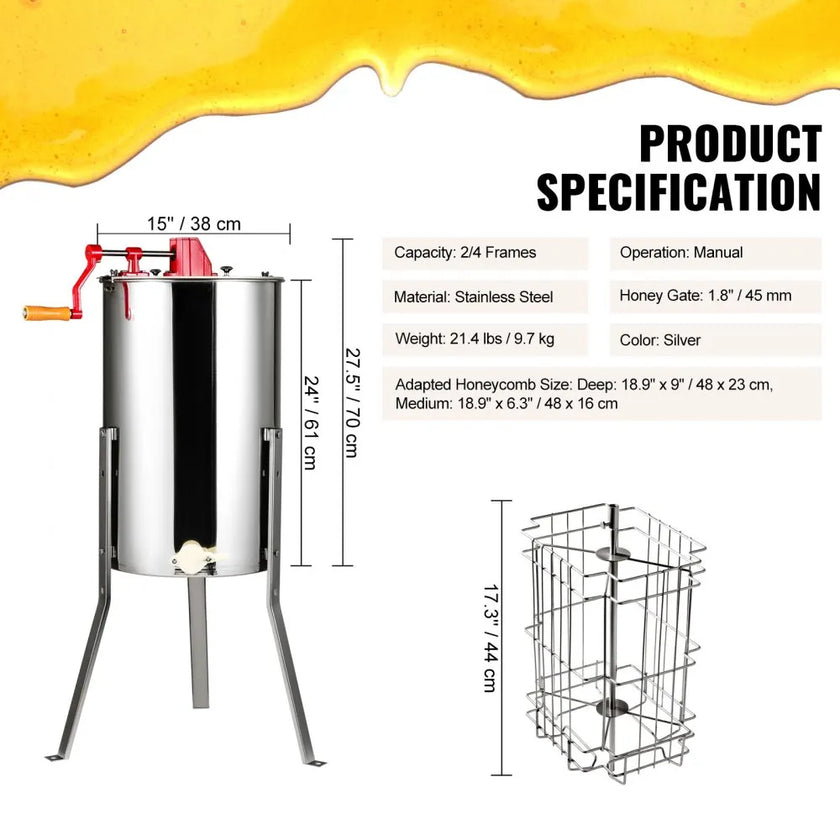 VEVOR Manual Honey Extractor, 2/4 Frames Honey Spinner Extractor, Stainless Steel Beekeeping Extraction, Honeycomb Drum Spinner with Lid, Apiary Centrifuge Equipment with Height Adjustable Stand