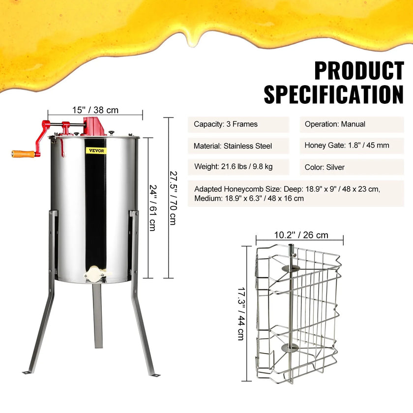 VEVOR Manual Honey Extractor, 3 Frames Honey Spinner Extractor, Stainless Steel Beekeeping Extraction, Honeycomb Drum Spinner with Lid, Apiary Centrifuge Equipment with Height Adjustable Stand