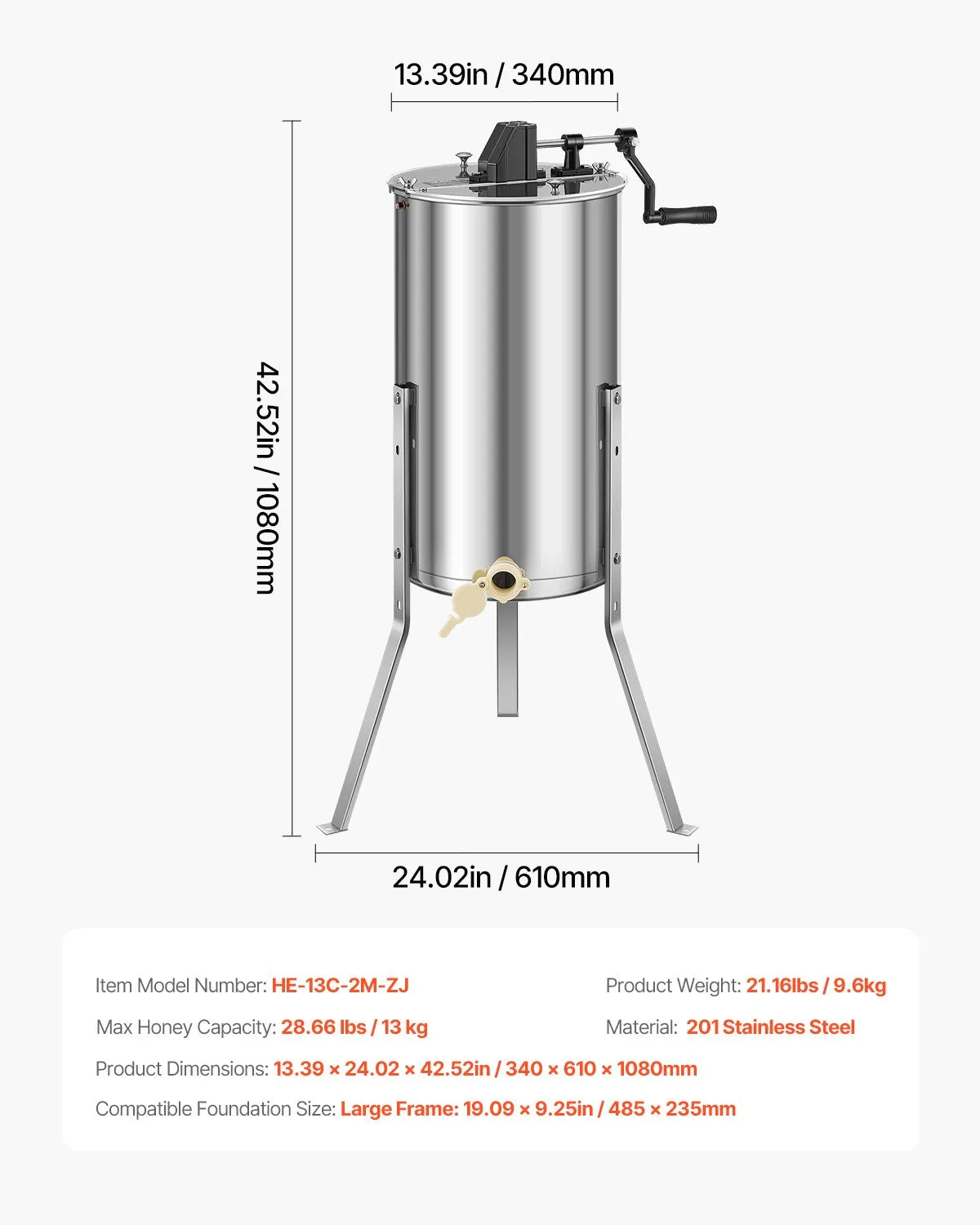 VEVOR Manual Honey Extractor 2 Frame Honey Spinner Beekeeping Stainless Steel