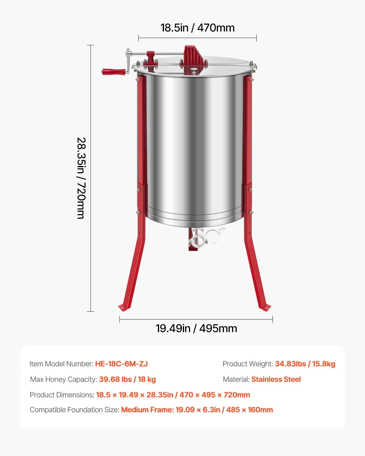 VEVOR Manual Honey Extractor 6 Frame Honey Spinner Beekeeping Stainless Steel