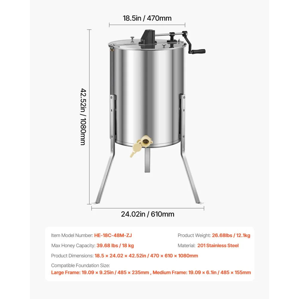 VEVOR Manual Honey Extractor 4/6 Frame Honey Spinner Beekeeping Stainless Steel