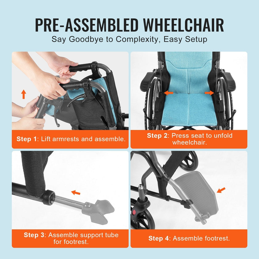 VEVOR Wheelchair Aluminum Alloy Ultra-Lightweight 18-In Wide Seat 250lbs