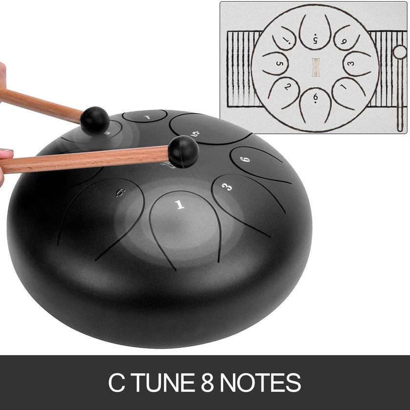 VEVOR Steel Tongue Drum - 8 Notes 10 inches - Percussion Instrument - Handpan Drum with Bag, Book, Mallets, Finger Picks (Black)