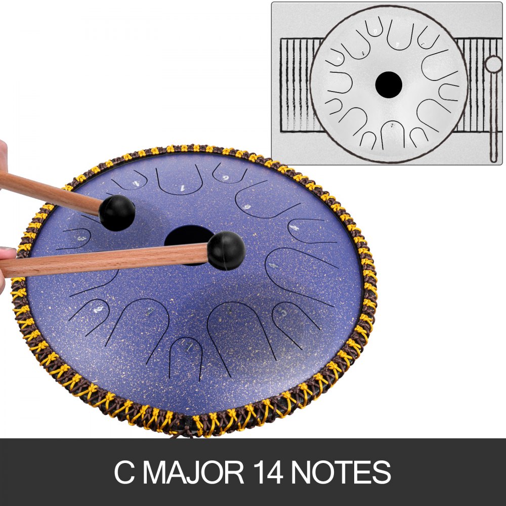 VEVOR Tongue Drum 14 Notes Dish Shape Drum 14.9 Inches Manual Percussion Pure Copper Tongues 14 Notes Steel Tongue Handpan Drum with Rope Decoration and Mallets Bag Music Book Finger Picks Purple