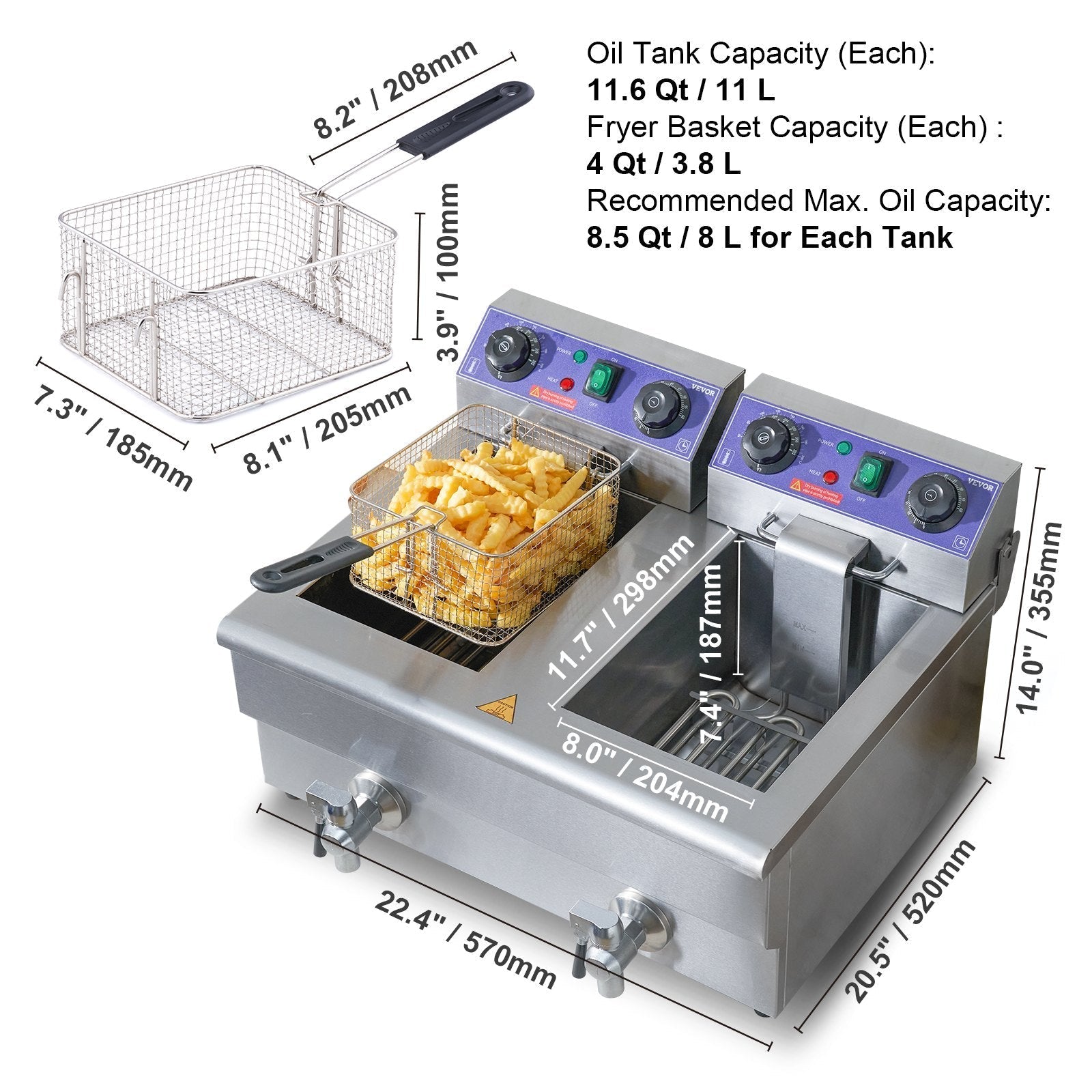 VEVOR Commercial Electric Deep Fryer, 24L 3000W Dual Removable Basket, Stainless Steel Electric Countertop Fryer with Time Control and Oil Filtration, Deep Fryer for Commercial Restaurant Use, Silver