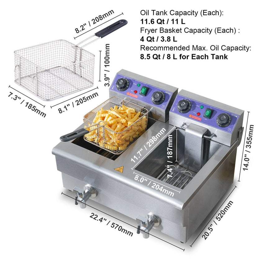 VEVOR Commercial Electric Deep Fryer, 24L 3000W Dual Removable Basket, Stainless Steel Electric Countertop Fryer with Time Control and Oil Filtration, Deep Fryer for Commercial Restaurant Use, Silver
