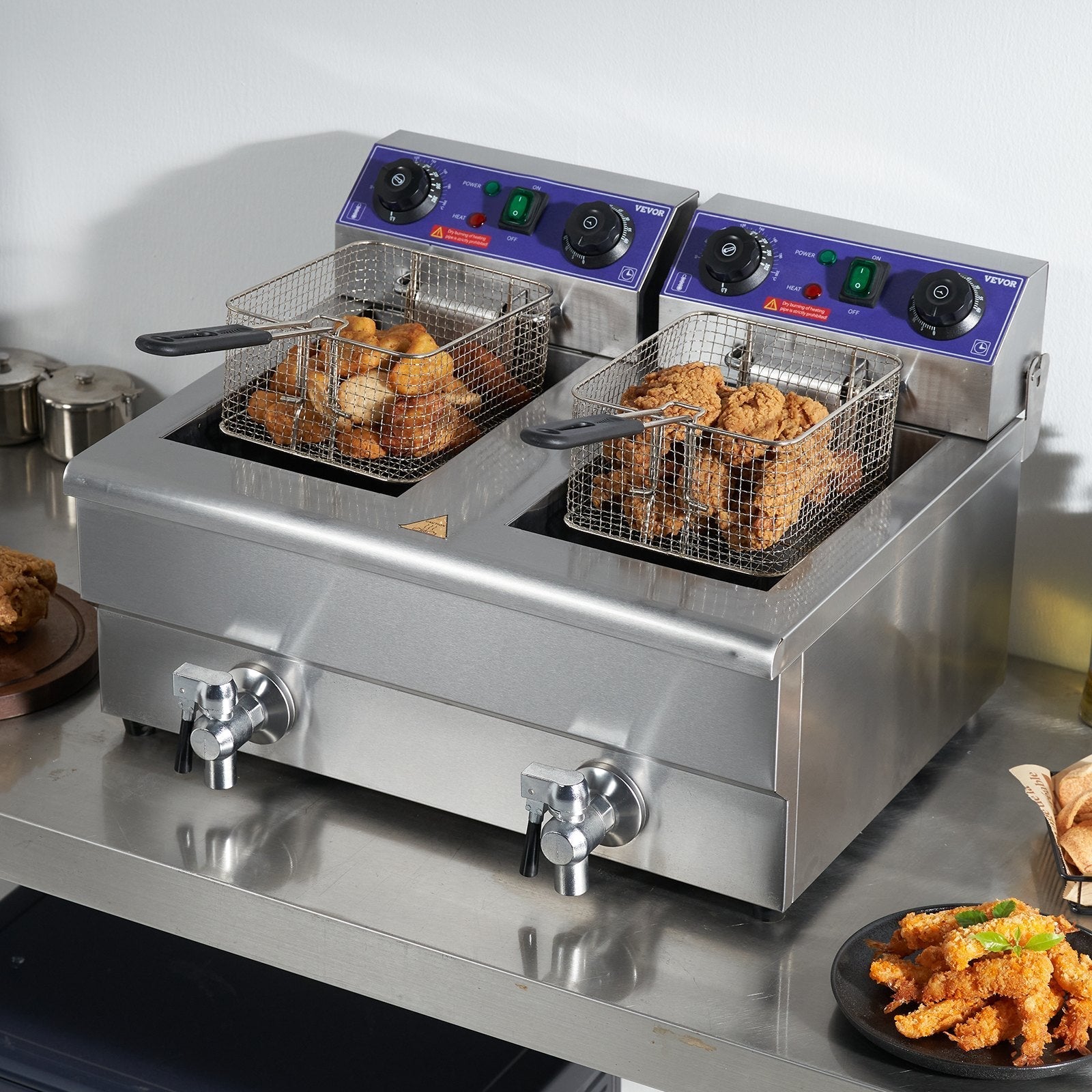 VEVOR Commercial Electric Deep Fryer, 24L 3000W Dual Removable Basket, Stainless Steel Electric Countertop Fryer with Time Control and Oil Filtration, Deep Fryer for Commercial Restaurant Use, Silver