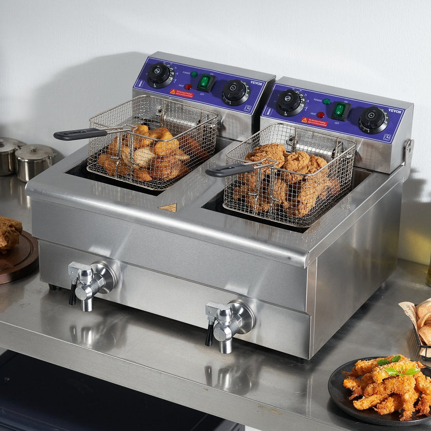 VEVOR Commercial Electric Deep Fryer, 24L 3000W Dual Removable Basket, Stainless Steel Electric Countertop Fryer with Time Control and Oil Filtration, Deep Fryer for Commercial Restaurant Use, Silver