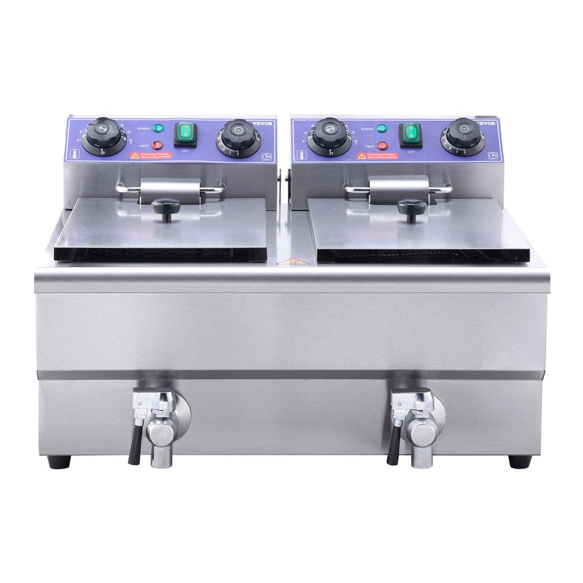 VEVOR Commercial Electric Deep Fryer, 24L 3000W Dual Removable Basket, Stainless Steel Electric Countertop Fryer with Time Control and Oil Filtration, Deep Fryer for Commercial Restaurant Use, Silver