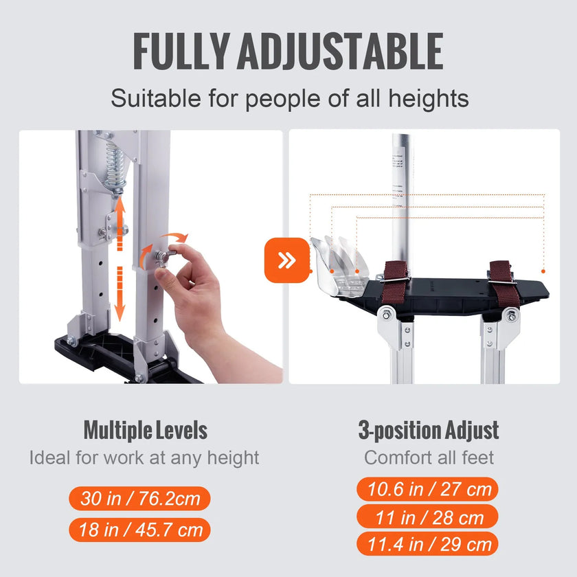 VEVOR Drywall Stilts, 18''-30'' Adjustable Aluminum Tool Stilts with Protective Knee Pads, Durable and Non-slip Work Stilts for Sheetrock Painting, Walking, Taping, Silver