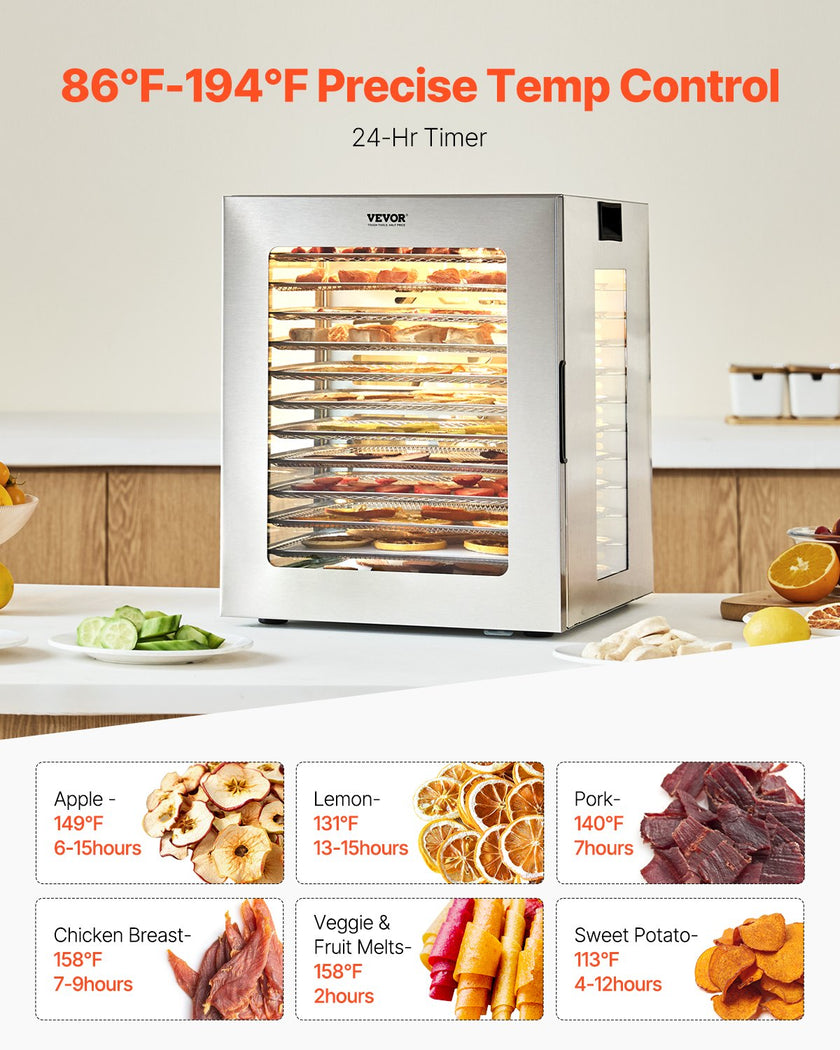 12 Trays Food Dehydrator Machine Stainless Steel 850W Jerky Meat Fruit Drying