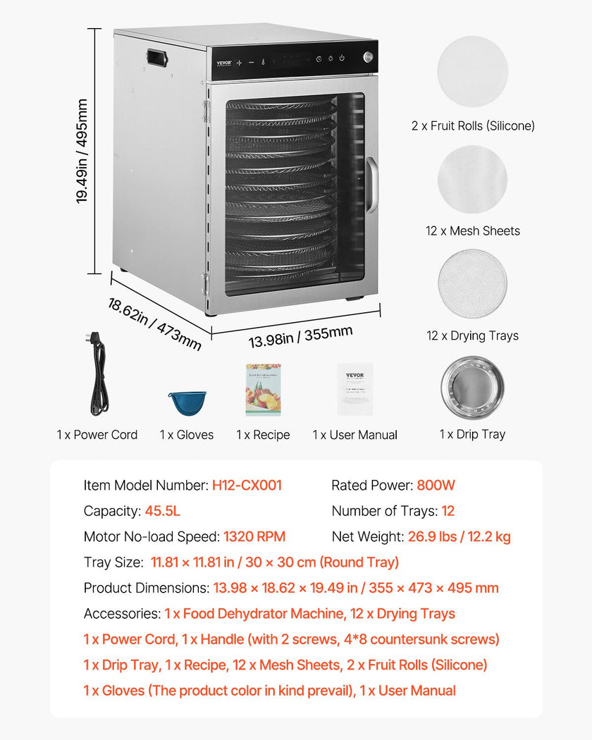 VEVOR 12 Trays Rotary Food Dehydrator Machine Stainless Steel 800W Fruit Drying