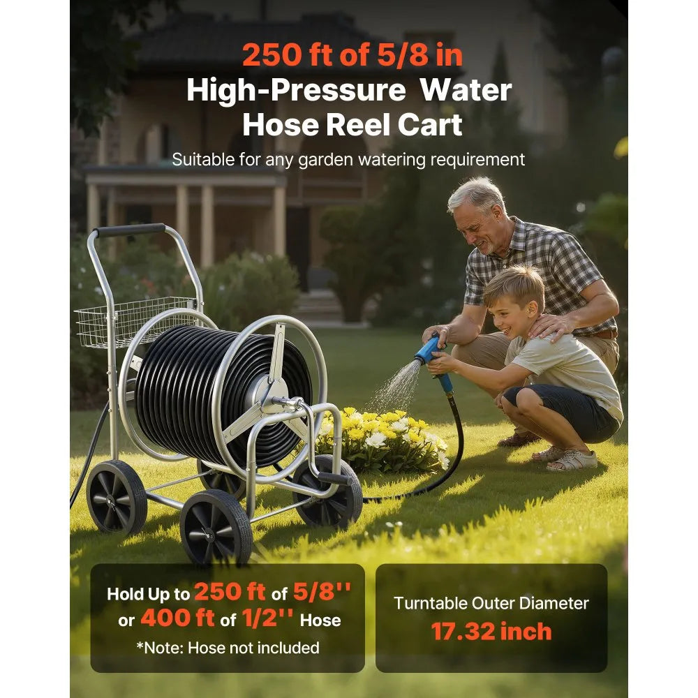 VEVOR Hose Reel Cart, Hold Up to 250 ft of 5/8’’ Hose, Garden Water Hose Carts Mobile Tools with 4 Wheels, Heavy Duty Powder-coated Steel Outdoor Planting with Storage Basket, for Garden, Yard, Lawn