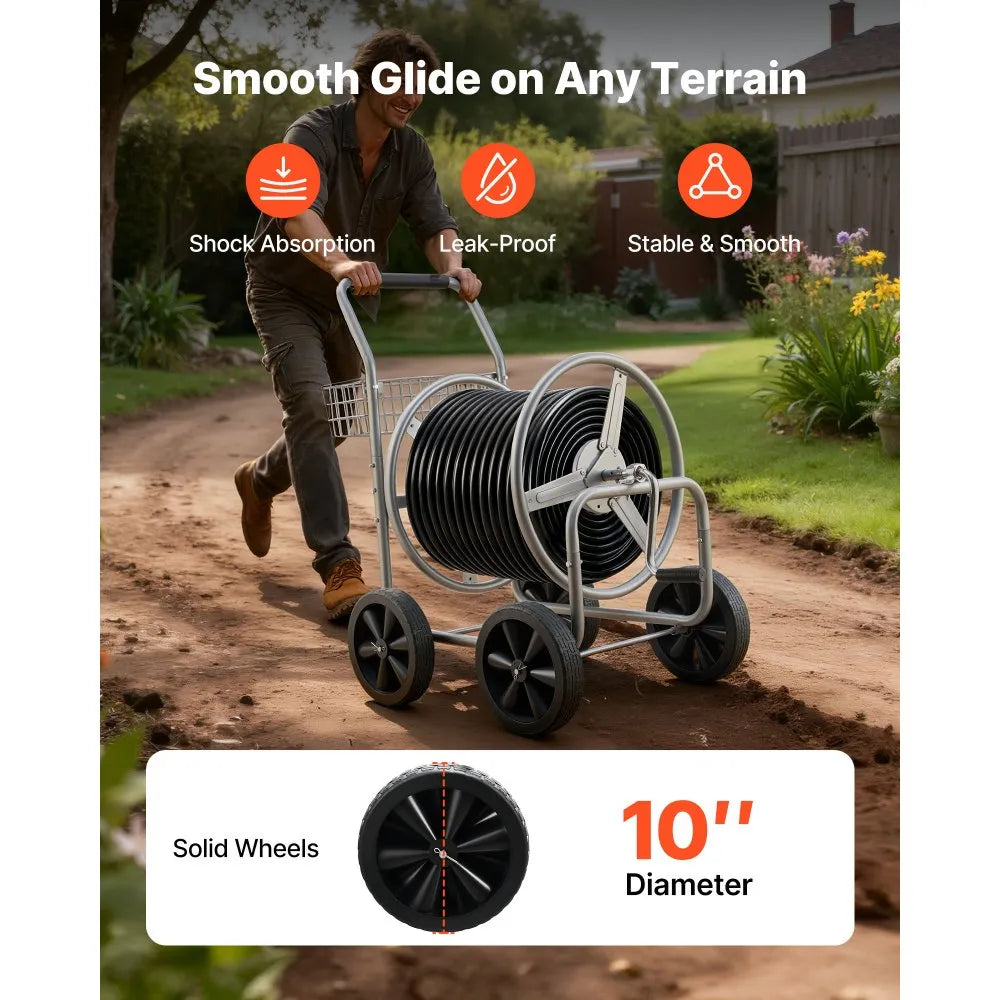 VEVOR Hose Reel Cart, Hold Up to 250 ft of 5/8’’ Hose, Garden Water Hose Carts Mobile Tools with 4 Wheels, Heavy Duty Powder-coated Steel Outdoor Planting with Storage Basket, for Garden, Yard, Lawn