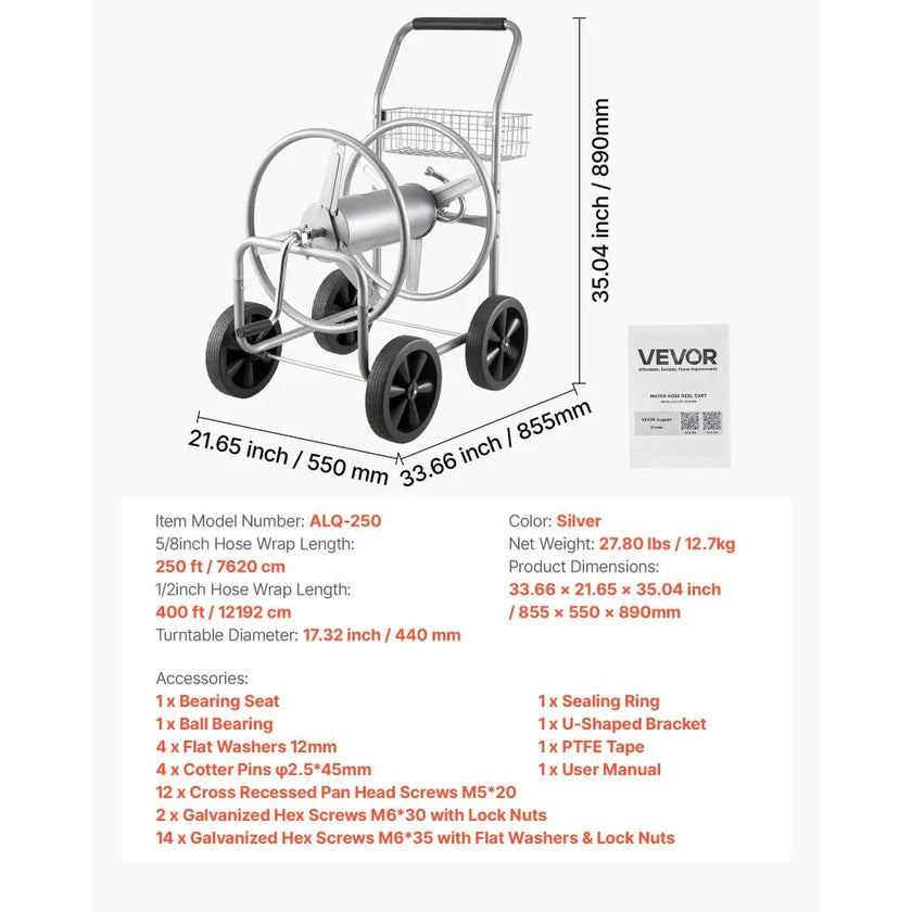 VEVOR Hose Reel Cart, Hold Up to 250 ft of 5/8’’ Hose, Garden Water Hose Carts Mobile Tools with 4 Wheels, Heavy Duty Powder-coated Steel Outdoor Planting with Storage Basket, for Garden, Yard, Lawn
