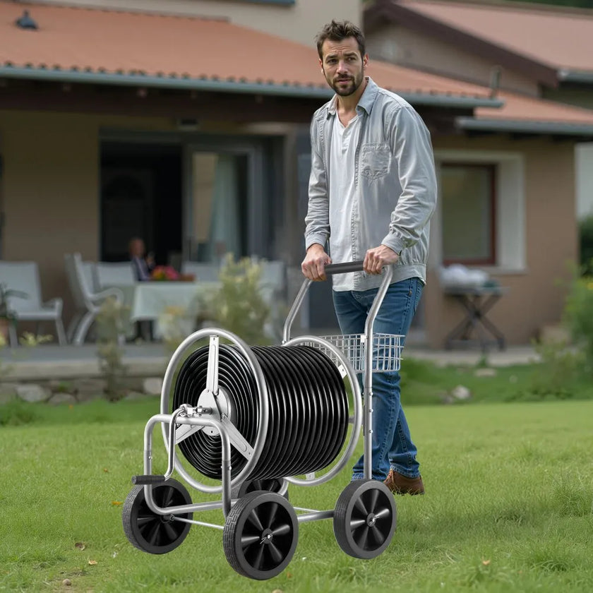 VEVOR Hose Reel Cart, Hold Up to 250 ft of 5/8’’ Hose, Garden Water Hose Carts Mobile Tools with 4 Wheels, Heavy Duty Powder-coated Steel Outdoor Planting with Storage Basket, for Garden, Yard, Lawn